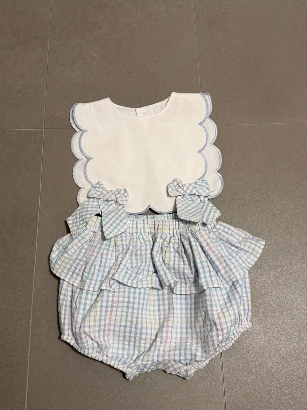 White Scalloped open sided top & Pastel Plaid Bubble Romper Set